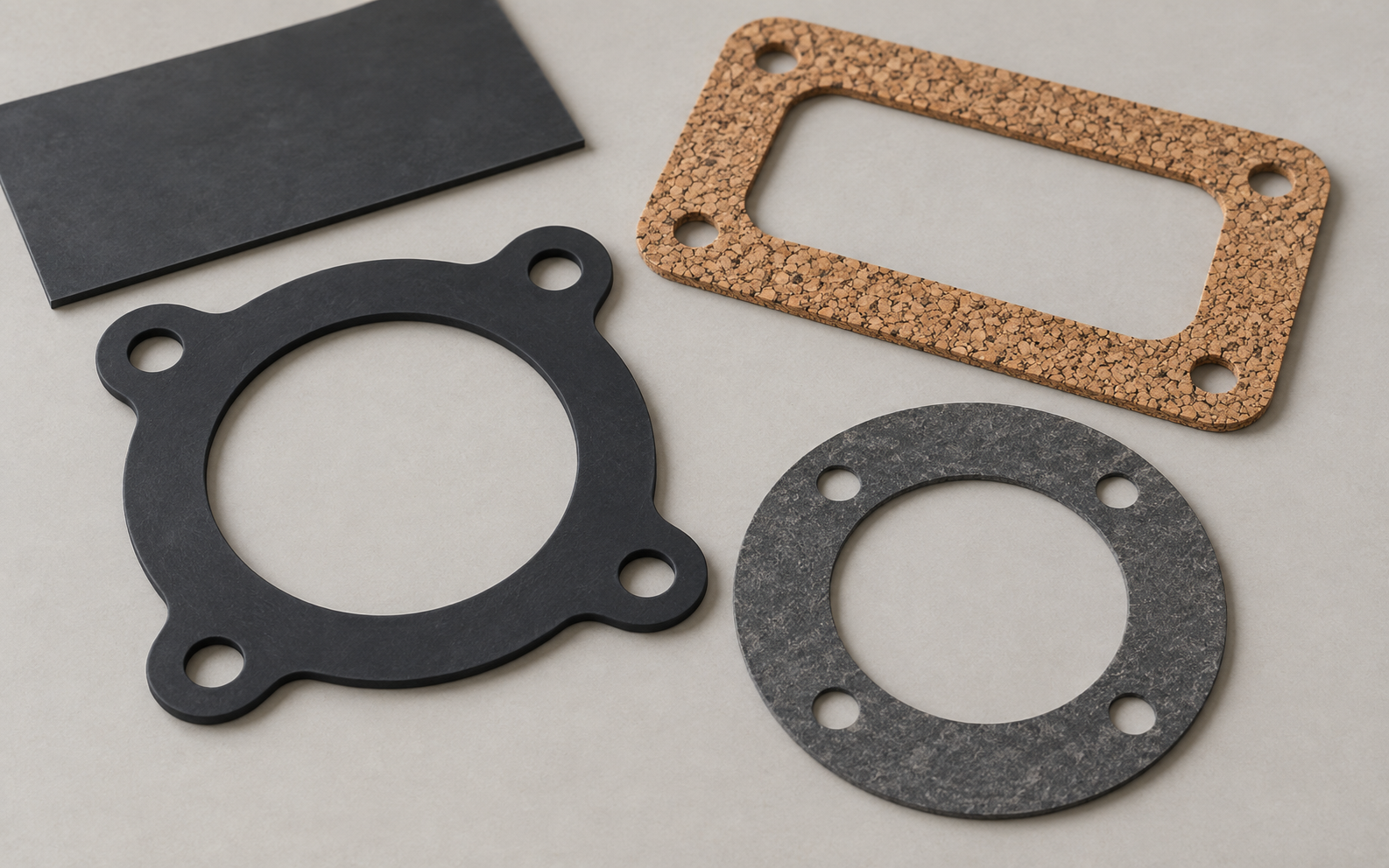 Flat black rubber, cork and grey fibre sheet gasket samples on a light surface