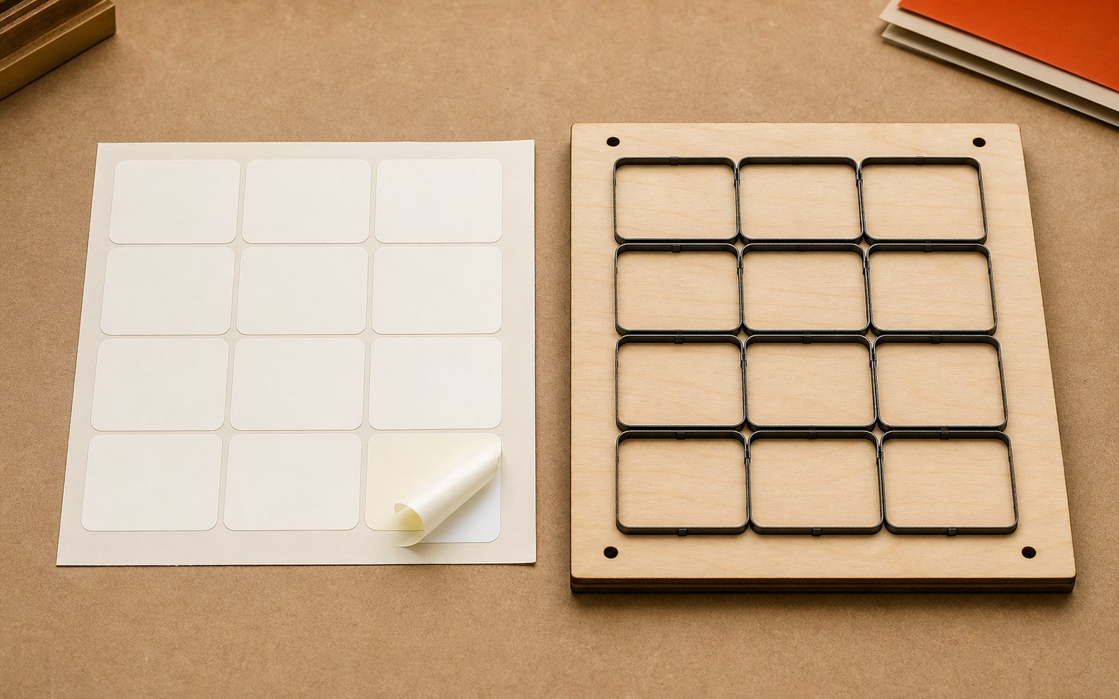Twelve sheet-fed labels in a 3 by 4 layout beside a matching flat-bed steel-rule cutting die