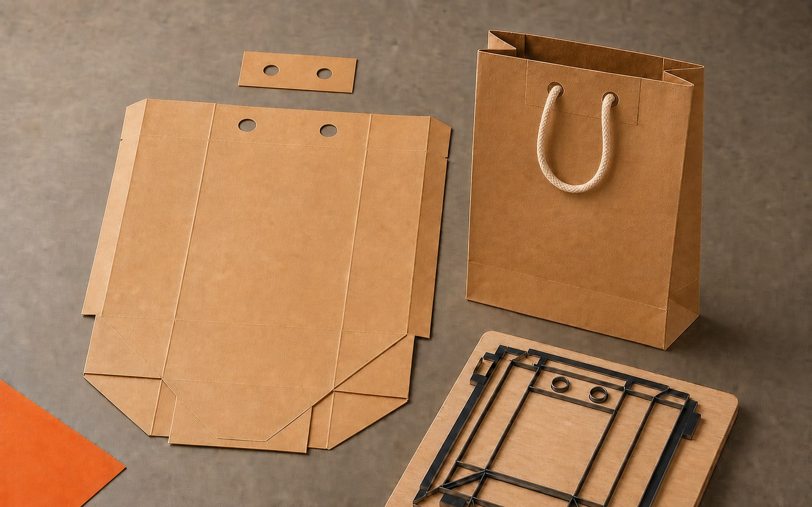 Kraft paper bag with cord handle beside its flat blank, perforated reinforcement and flat-bed cutting die
