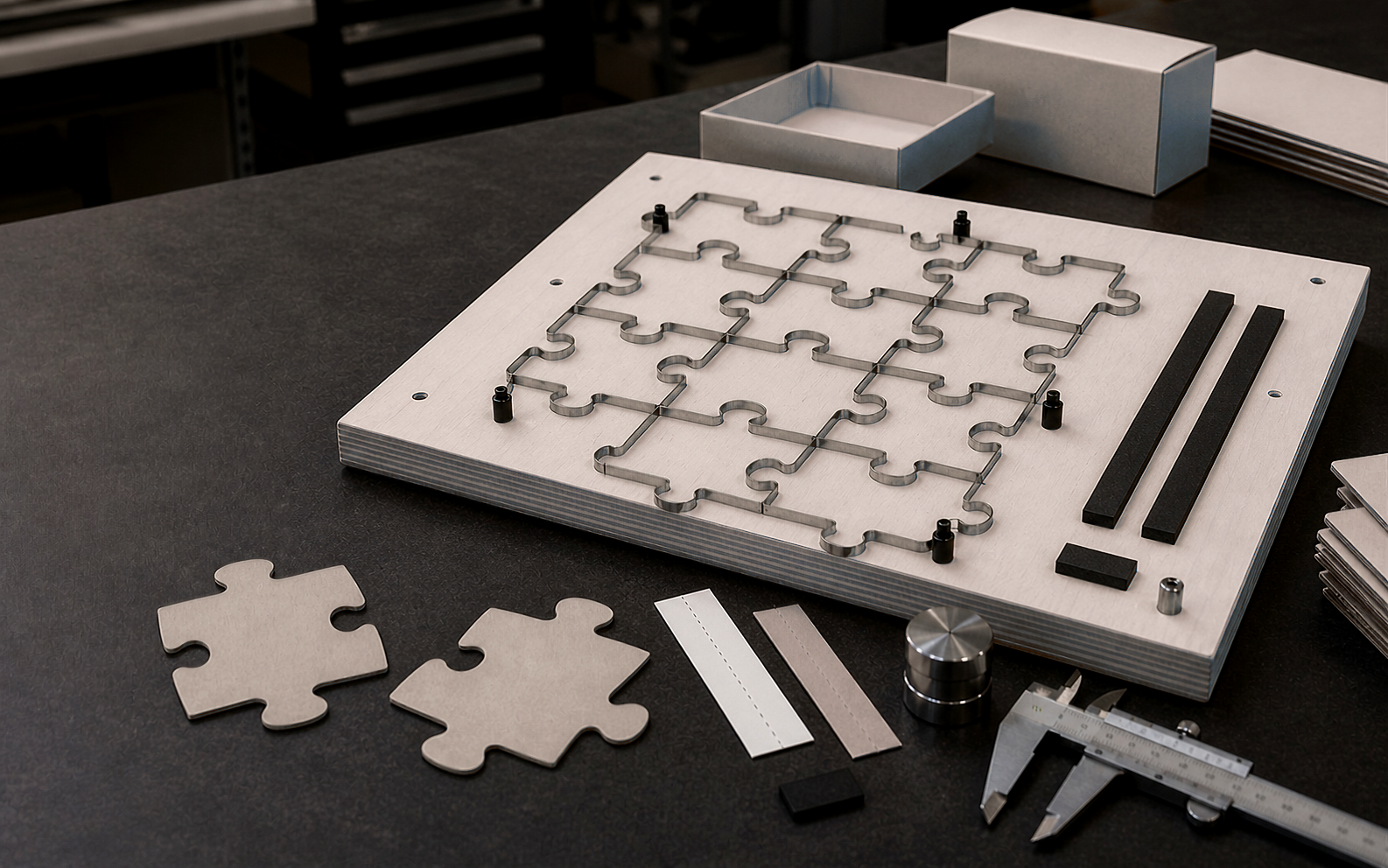 Yapboz bıçakları ve puzzle kesim kalıbı üretim detayı