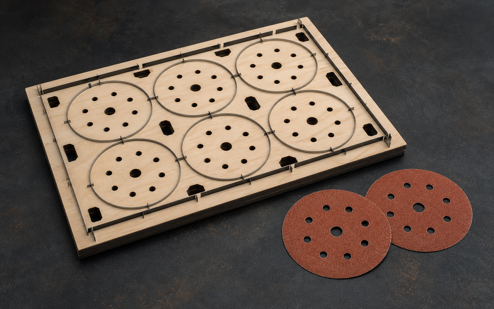 Steel-rule cutting die for circular abrasive discs with multiple dust-extraction hole patterns