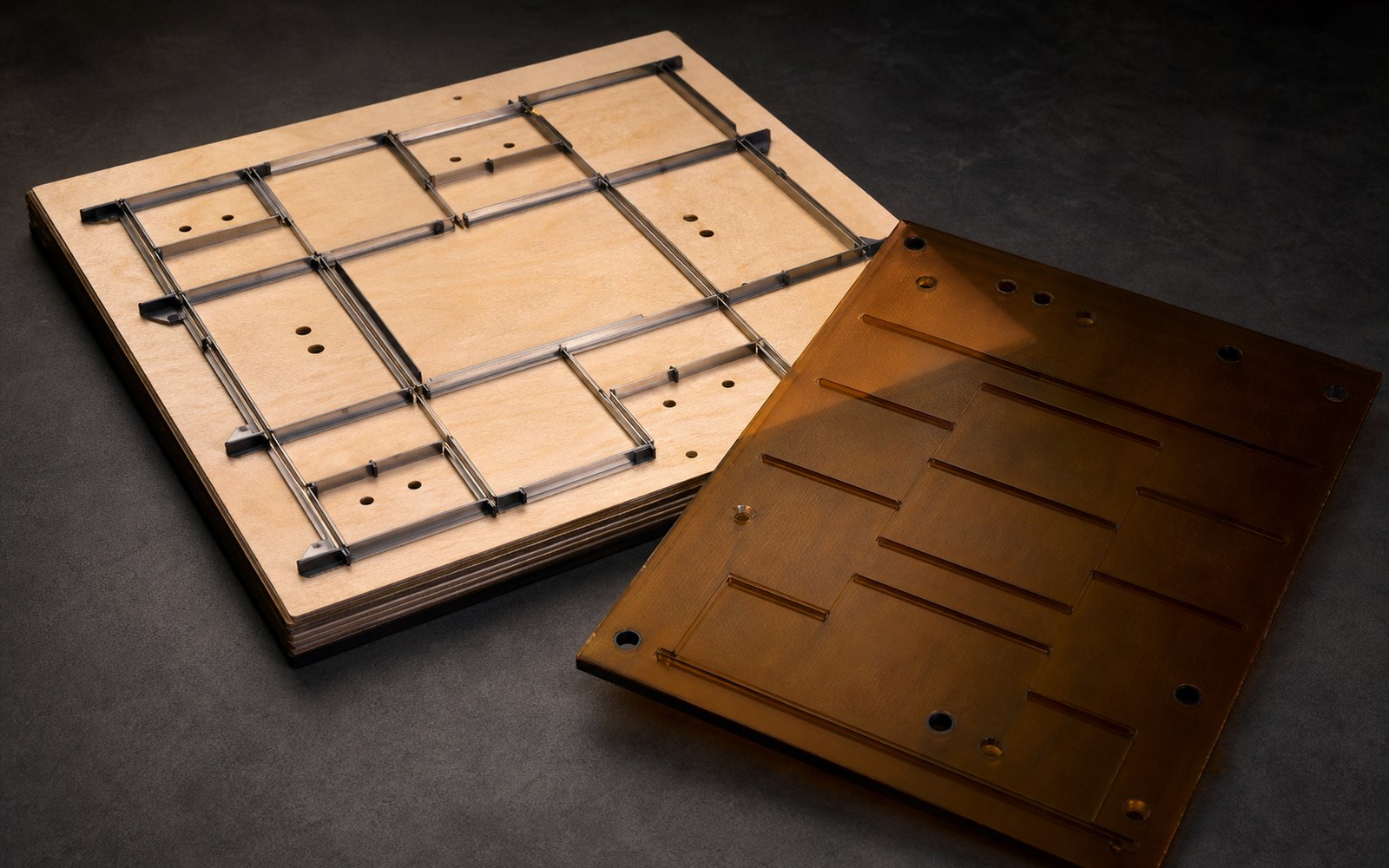 Steel-rule cutting die beside a channelled amber phenolic creasing counterplate