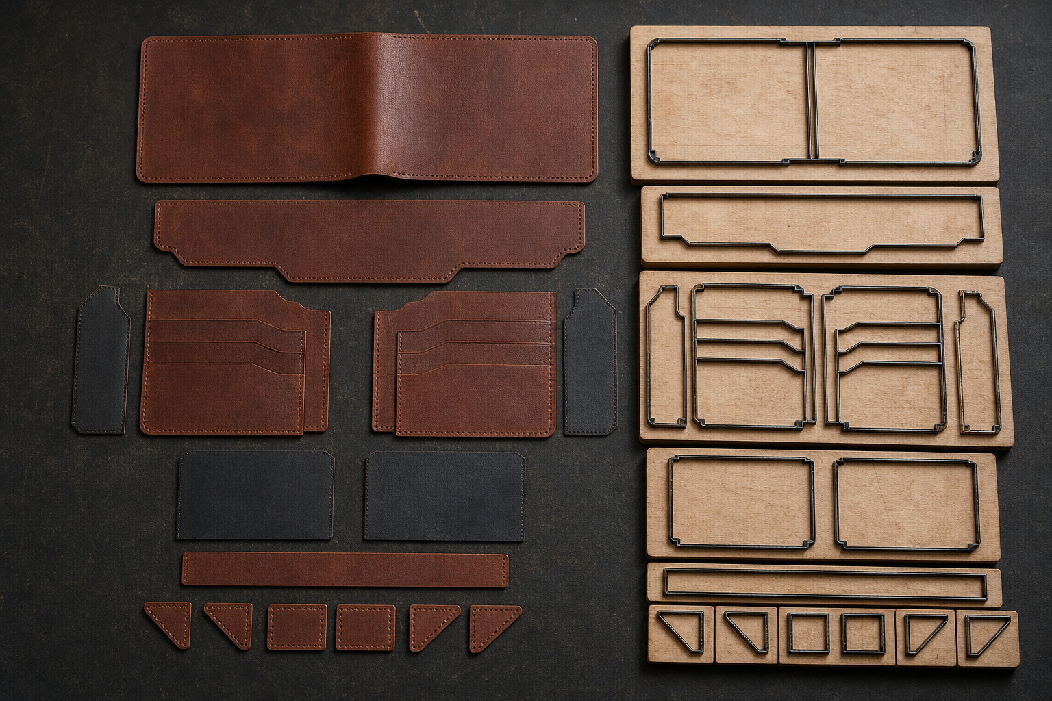 Separate steel cutting dies for a wallet body, banknote section, card pockets and lining components