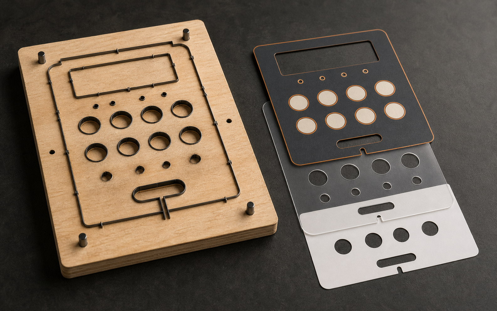 Steel-rule cutting die with key and display windows for graphic overlay, spacer and liner layers