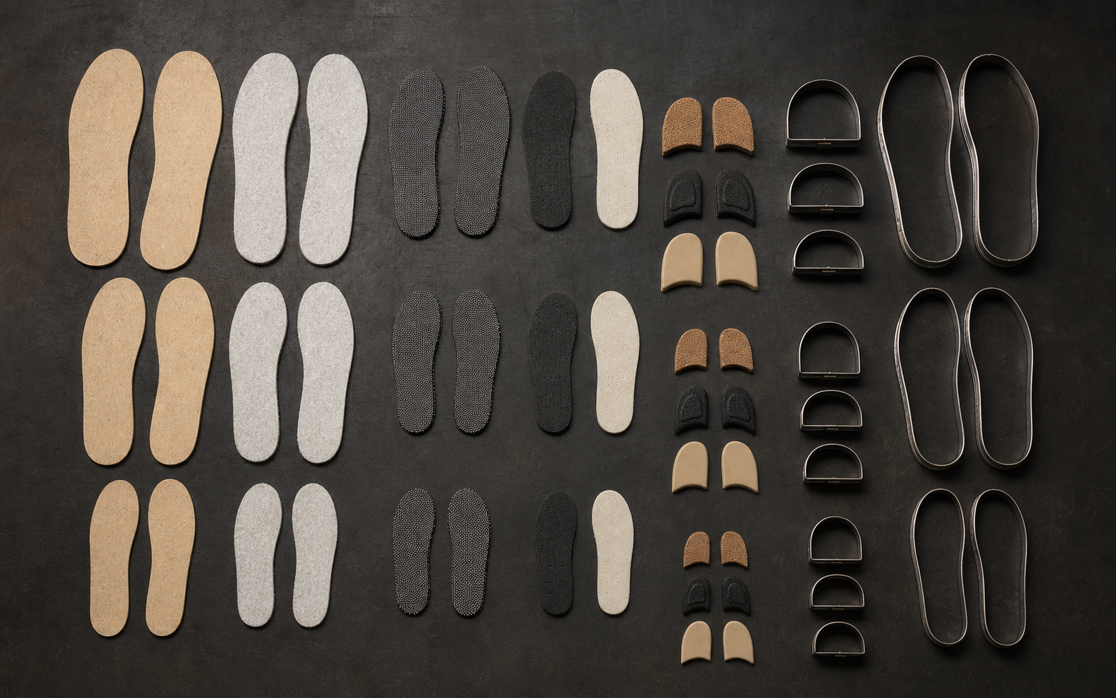 Size-set steel cutting dies for insole board, sockliners, footbeds and heel pads