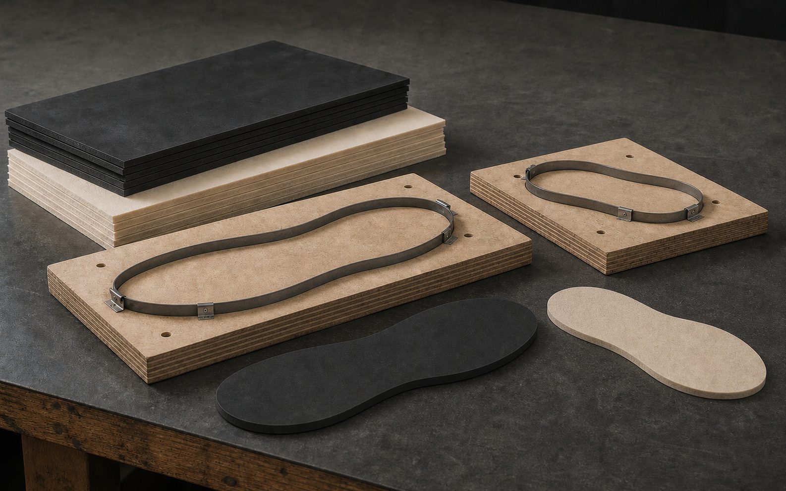 Steel cutting dies in several sizes for flat outsole, midsole and heel components