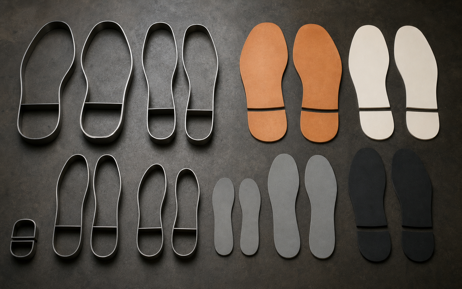 Steel cutting dies in several sizes for flat outsole, midsole and heel components