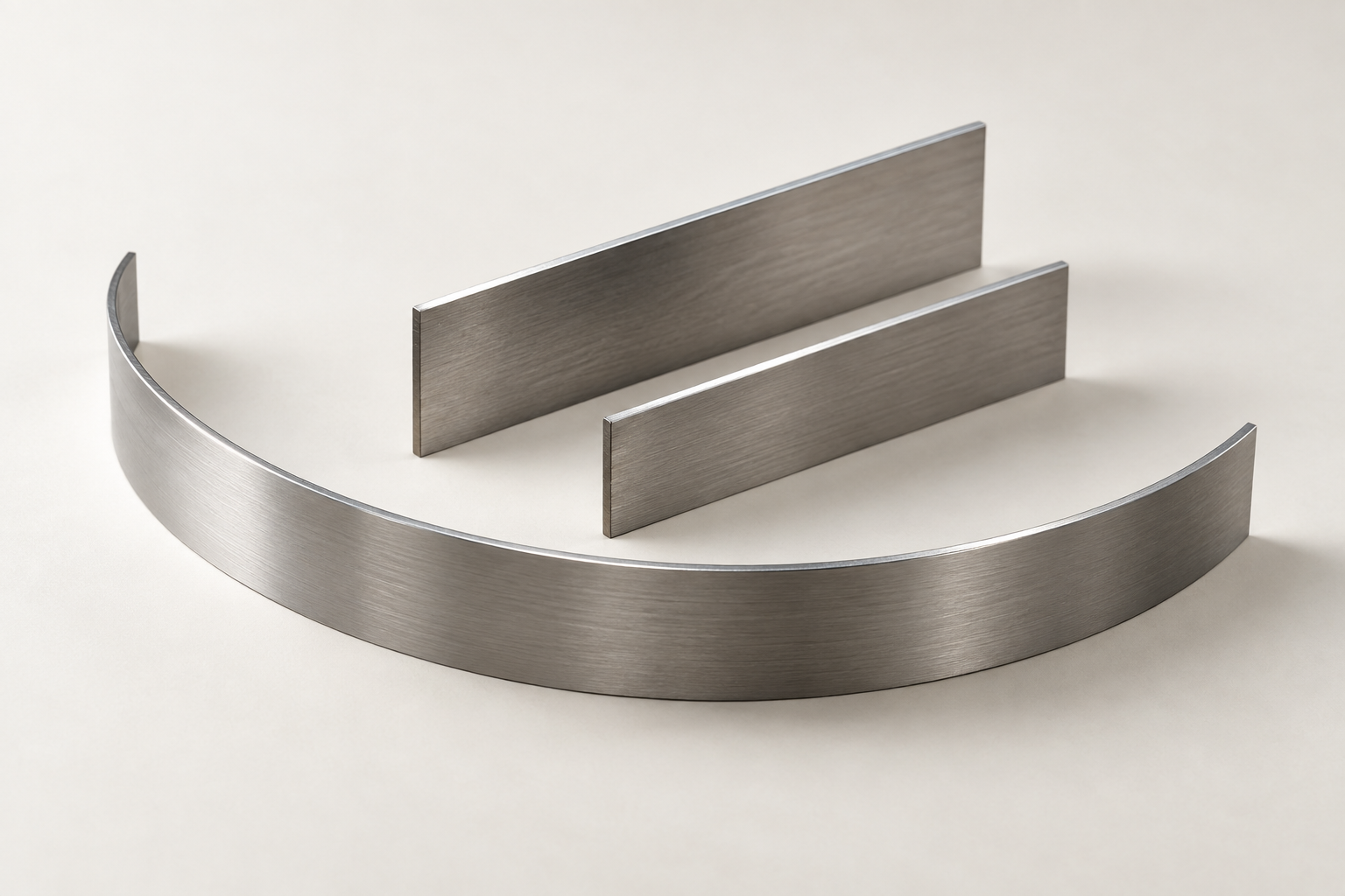 One curved and two straight steel cutting rules of different heights on a light surface